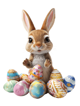 Easter bunny surrounded by Easter eggs, isolated against a transparent background png
