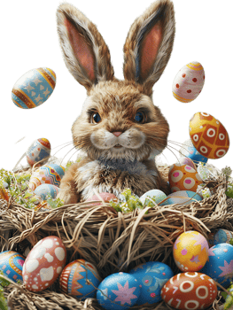 Easter bunny surrounded by Easter eggs, isolated against a transparent background png