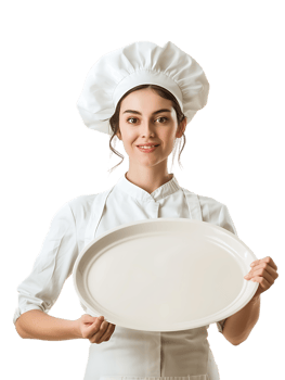 Female baker holding a blank tray, isolated against a transparent background png