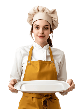 Female baker holding a blank tray, isolated against a transparent background png
