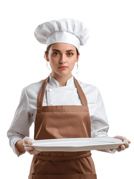 Female baker holding a blank tray, isolated against a transparent background png