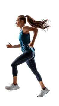 female athlete running from the side, isolated on a transparent background png