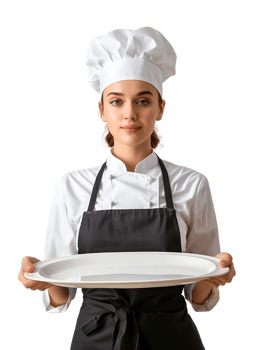 Female baker holding a blank tray, isolated against a transparent background png
