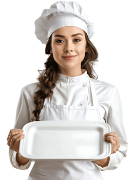 Female baker holding a blank tray, isolated against a transparent background png
