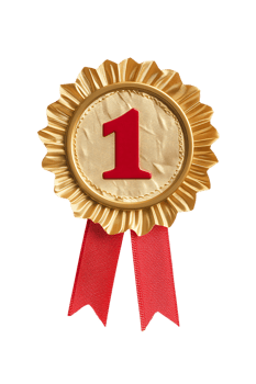 First place ribbon badge with 1 on it, isolated against a transparent background png