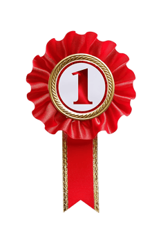 First place ribbon badge with 1 on it, isolated against a transparent background png