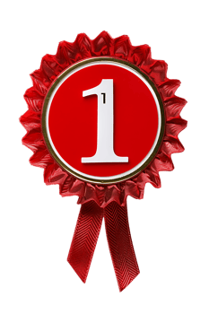 First place ribbon badge with 1 on it, isolated against a transparent background png