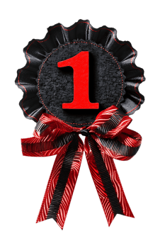 First place ribbon badge with 1 on it, isolated against a transparent background png