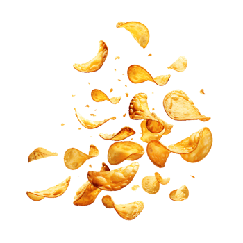 Flying and falling crispy potato chips against a transparent background png