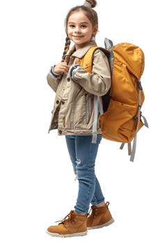 Girl kid student with a backpack, isolated against a transparent background png