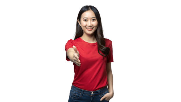Woman Extending Hand for a Friendly Greeting in Casual Red T-Shirt png