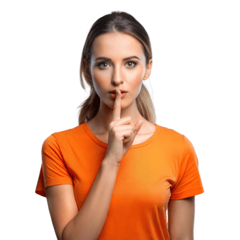 Woman Wearing Orange T-Shirt Signals for Silence With Finger on Lips png