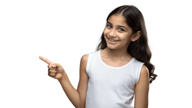 Young Girl Smiling and Pointing Left in Casual White Tank Top With Long Dark Hair png