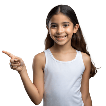 Young Girl with Long Hair Points Joyfully and Wears a White Sleeveless T-Shirt png