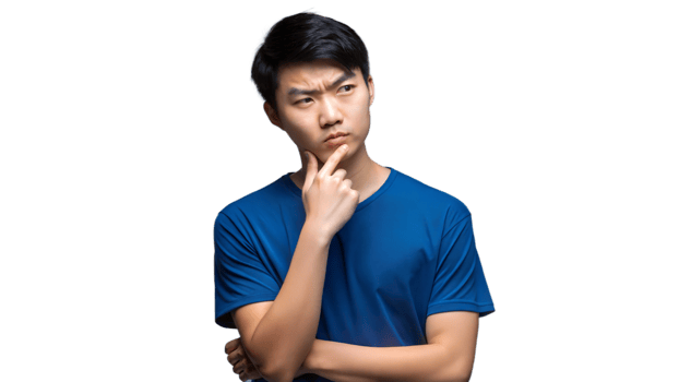 Young Man Pondering Thoughtfully While Wearing a Blue T-Shirt png