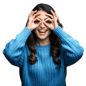 Young Woman Playfully Making Funny Gesture With Hands on Her Face in Casual Sweater png