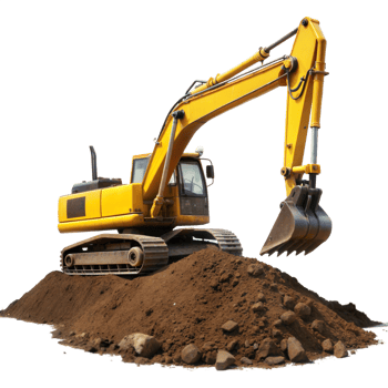 Heavy Yellow Excavator Digging Through Large Mound of Earth on Construction Site png
