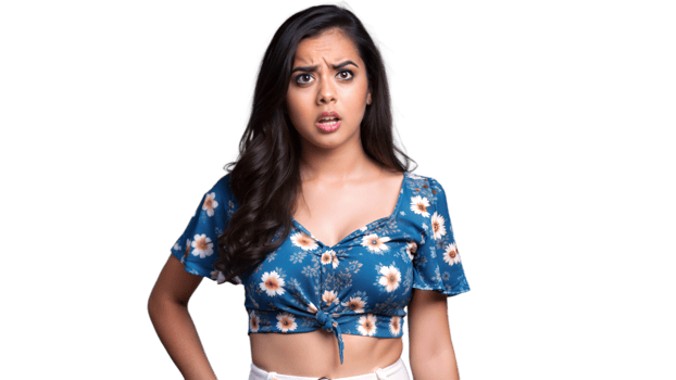 Unexpected Reaction of a Young Woman in Floral Top With Confused Expression png
