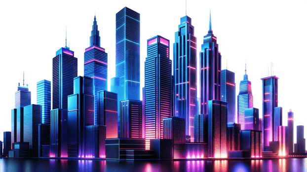 Futuristic City Skyline at Dusk With Neon Lights Reflecting on Water Surface png