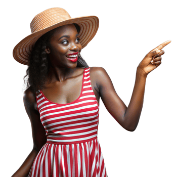 Young Woman Wearing Straw Hat and Striped Dress Pointing Joyfully png