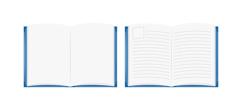 Blank open book, diary, planner isolated. flat illustration of empty book and notebook pages. Top view. Design educational element with copy space vector