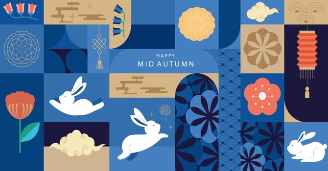 mid-autumn geometric festival background with blue box and lantern vector