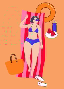 woman in a blue swimsuit sunbathes on the beach on a mat with drinks and fruits. . isolated simple illustration for poster, invitation, banner vector
