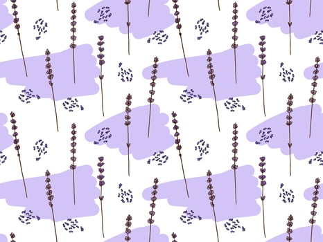 lavender seamless pattern with twigs, flowers. Light background for wrapping paper, textile printing, fabric, packaging. Cosmetic, travel, flower theme vector