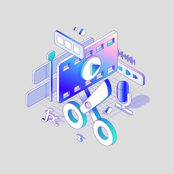 Axonometric Scissors cut film. editing concept in different dimensions. Isometric illustration vector