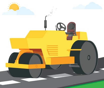 Yellow road-roller on the road in sunny day vector