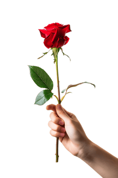Hand holding a red rose, isolated against a transparent background png