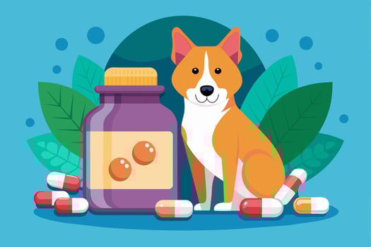 A dog and pills on a blue background vector
