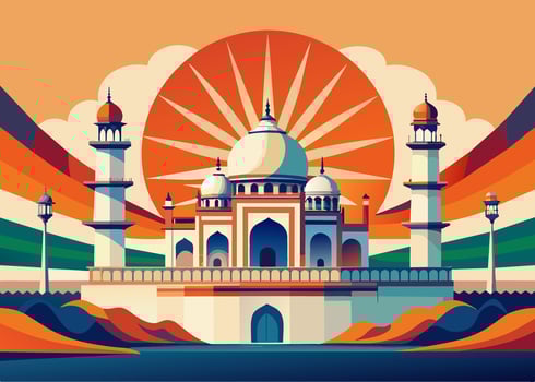 Indian Landmark with Sunburst and Tricolor Background vector