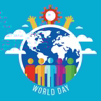 A diverse group celebrating World Day around a globe vector