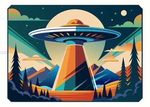 A illustration featuring a UFO hovering above a mountain landscape vector