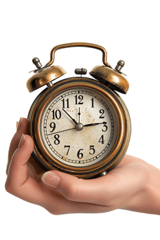 Hand holding alarm clock, isolated against transparent background png
