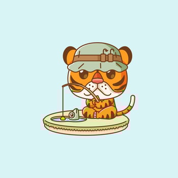 Cute fishing fish tiger on island kawaii chibi character mascot illustration outline style design vector