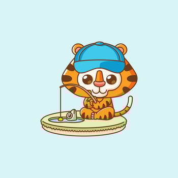 Cute tiger fishing fish on island kawaii chibi character mascot illustration outline style design vector