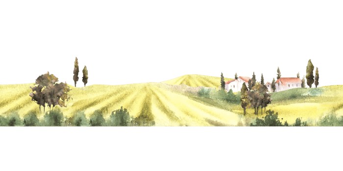 Landscape with field, villa, farmhouse, bushes, fruit trees, cypresses. Watercolor seamless border, pattern Italian, France summer. Label, packaging paper Hand draw illustration on isolated background png