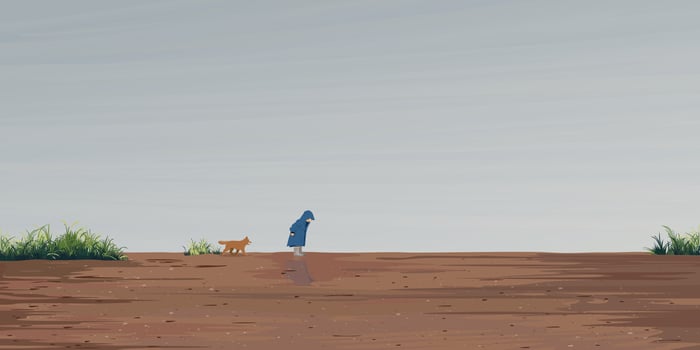 Minimalism landscape of muddy area after the rain have a kid wearing raincoat playing with puppy vector