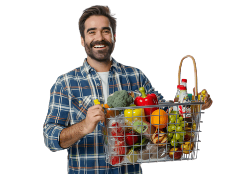 Happy confident man holding a shopping basket full of products png