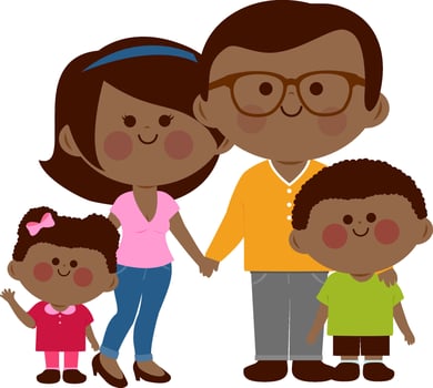 A happy African family. Two parents and their children, a girl and a boy. Mother, father and their kids. vector