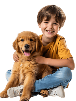 joyful young boy with a dog, isolated against a transparent background png