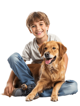 joyful young boy with a dog, isolated against a transparent background png