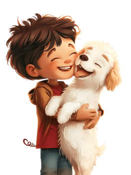 joyful young boy with a dog, isolated against a transparent background png