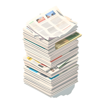 Isometric stack of newspapers, isolated against a transparent background png