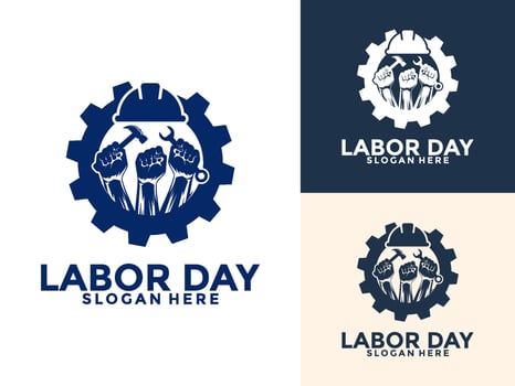 Labor Day with hand, hammer, wrench, and safety helmet Logo , Construction, worker logo design template, illustration, poster, flyer, greeting card vector