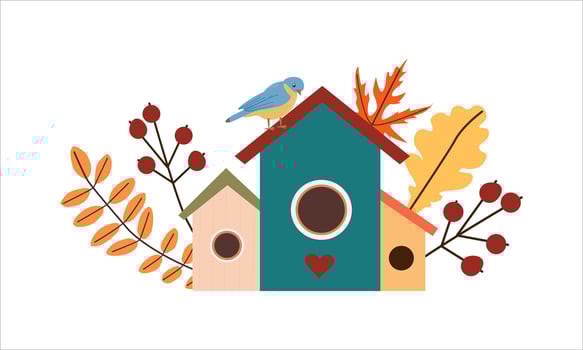 illustration of autumn print with cute doodle bird on birdhouse and colored leaves . Autumn set of hand drawn cute cozy design elements. Fall, Thanksgiving Day, Autumn season. vector