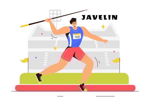 Illustration of Javelin Thrower Athlete Using a Long Spear Shaped Tool to Throw as Far as Possible in a Sports Activity Flat Background vector