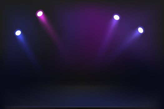 Dark stage illuminated with color projectors. illustration vector
